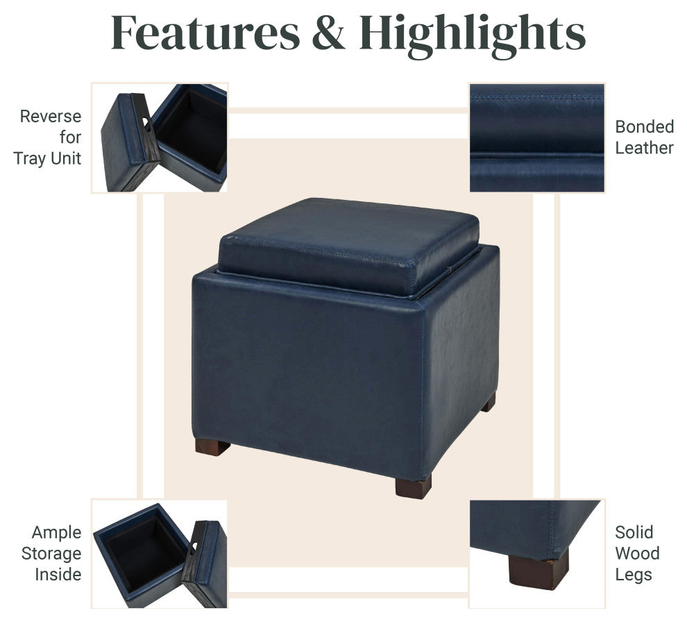 Cameron Square Storage Ottoman w/ tray, Vintage Blue, Bonded Leather