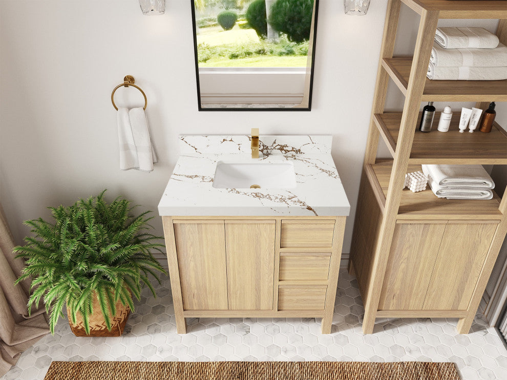 Elizabeth Oak 36" Center Sink Vanity, White 2" Viola Brown