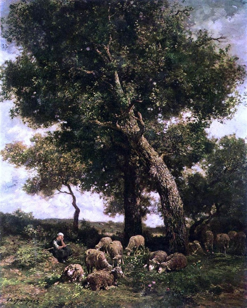 Charles Emile Jacque On the Pasture, 20"x25" Gallery Wrapped Canvas Print