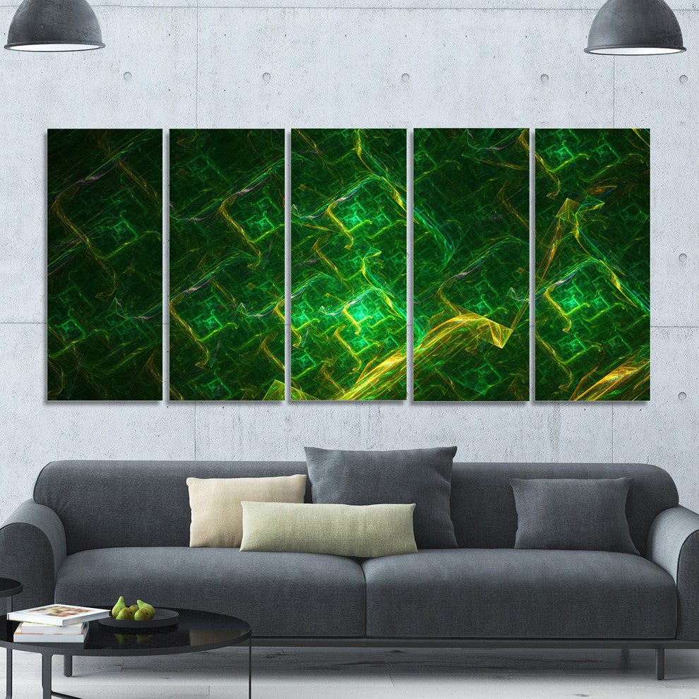 Green Fractal Electric Lightning, Abstract Art on Canvas, 60"x28", 5 Panels
