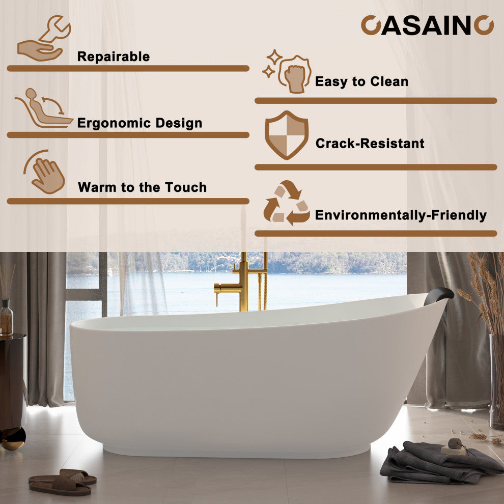 59in White Solid Surface Freestanding Soaking Bathtub with Drain, 67in
