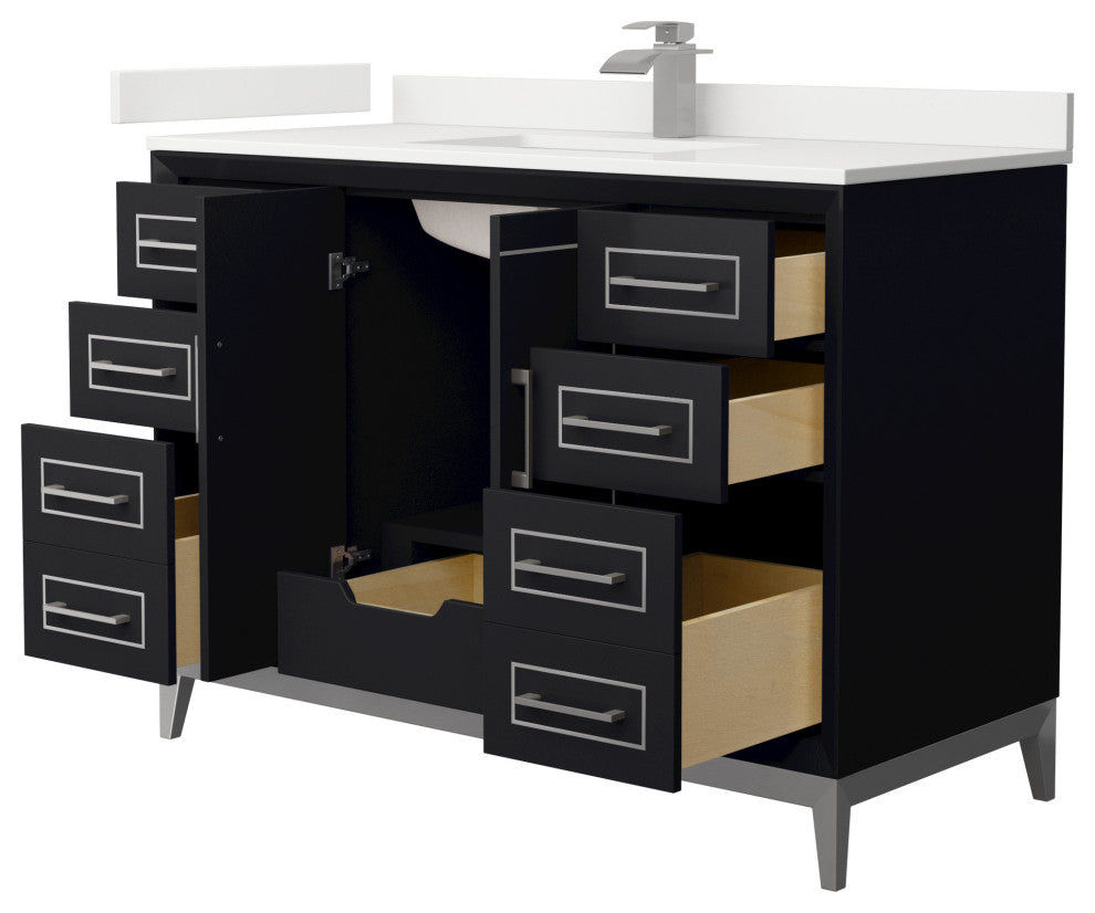 Marlena 48" Black Single Vanity, Quartz Top, 1-Hole, Nickel Trim