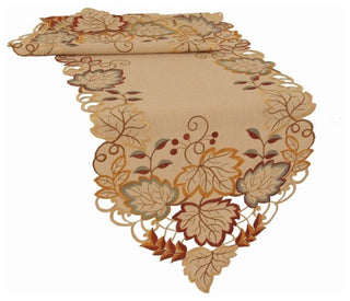 Harvest Verdure Embroidered Cutwork Fall Table Runner, Tan, 15''x72''