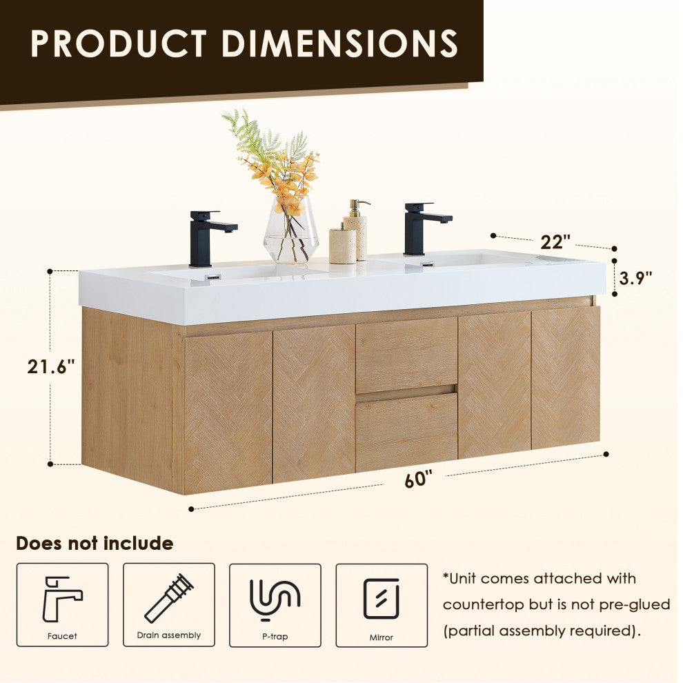 Siena Wall-mounted Single Bath Vanity, Light Brown, 60inch, No Mirror