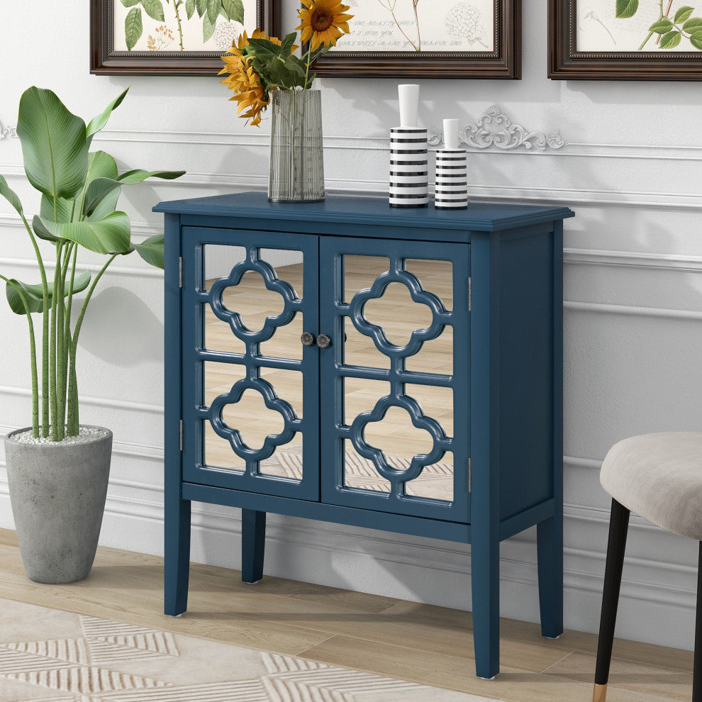 Wood Double Mirrored Door Accent Cabinet with Adjustable Shelf, Blue, 32" X 14"