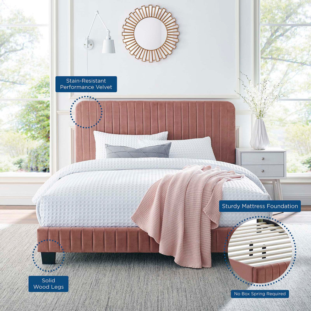 Celine Channel Tufted Performance Velvet Queen Platform Bed, Dusty Rose