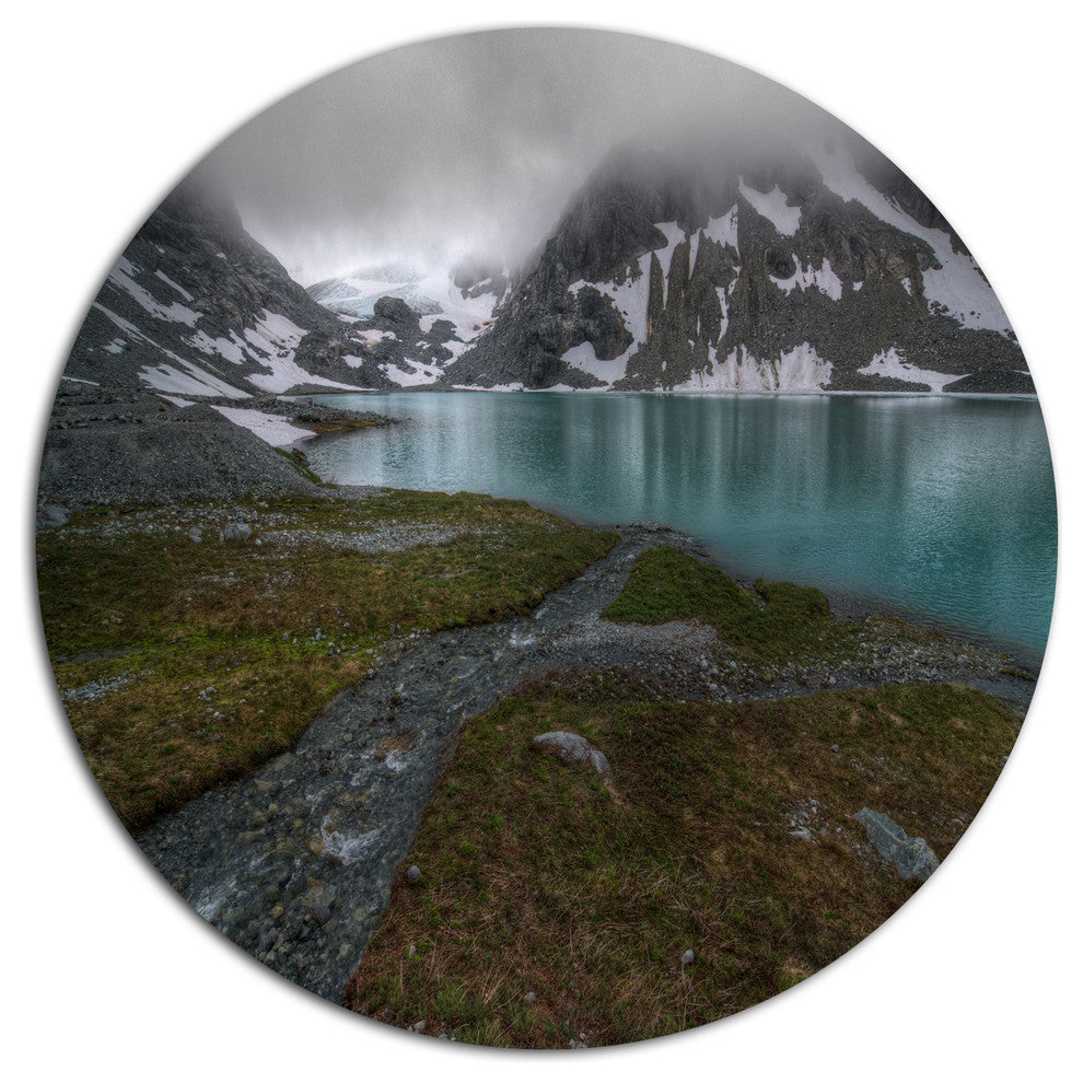 Turquoise Mountain Lake With Clouds, Landscape Disc Metal Wall Art, 23"
