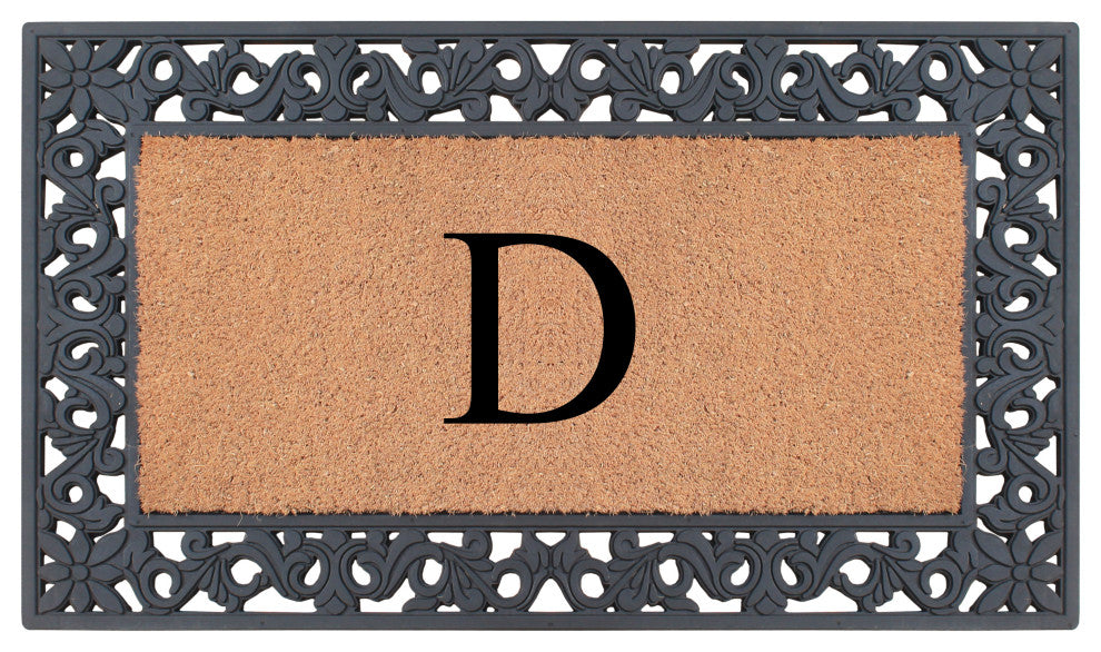 A1HC Rubber & Coir Floral Outdoor Durable Monogram Doormat 18"x30", Black, D