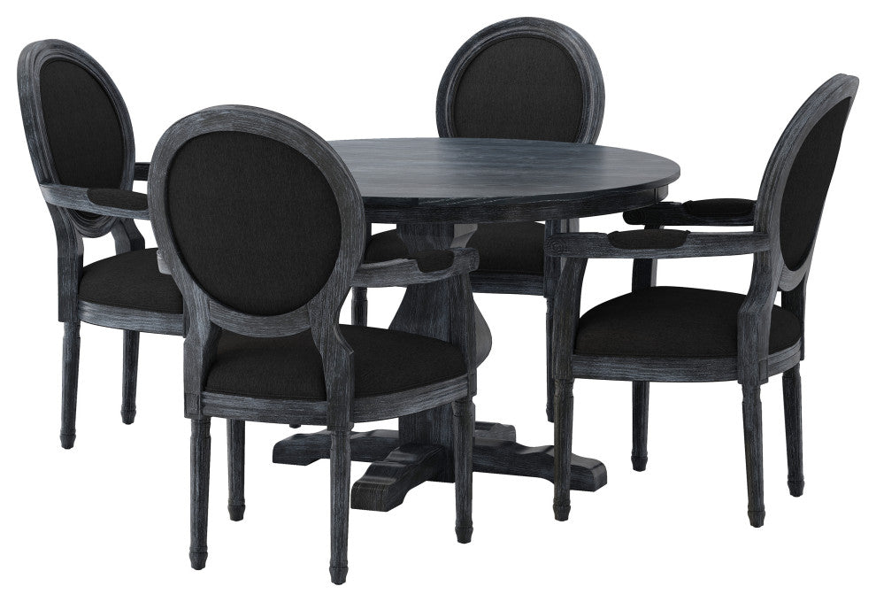 Bryan French Country Fabric Upholstered Wood 5-Piece Circular Dining Set, Gray/Black
