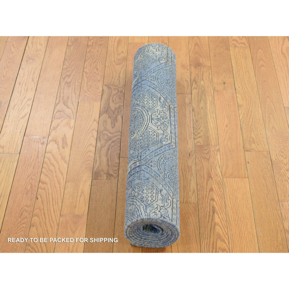 Blue Repetitive Rosette Design Silk With Wool Hand Knotted Runner Rug 2'8"x9'1"