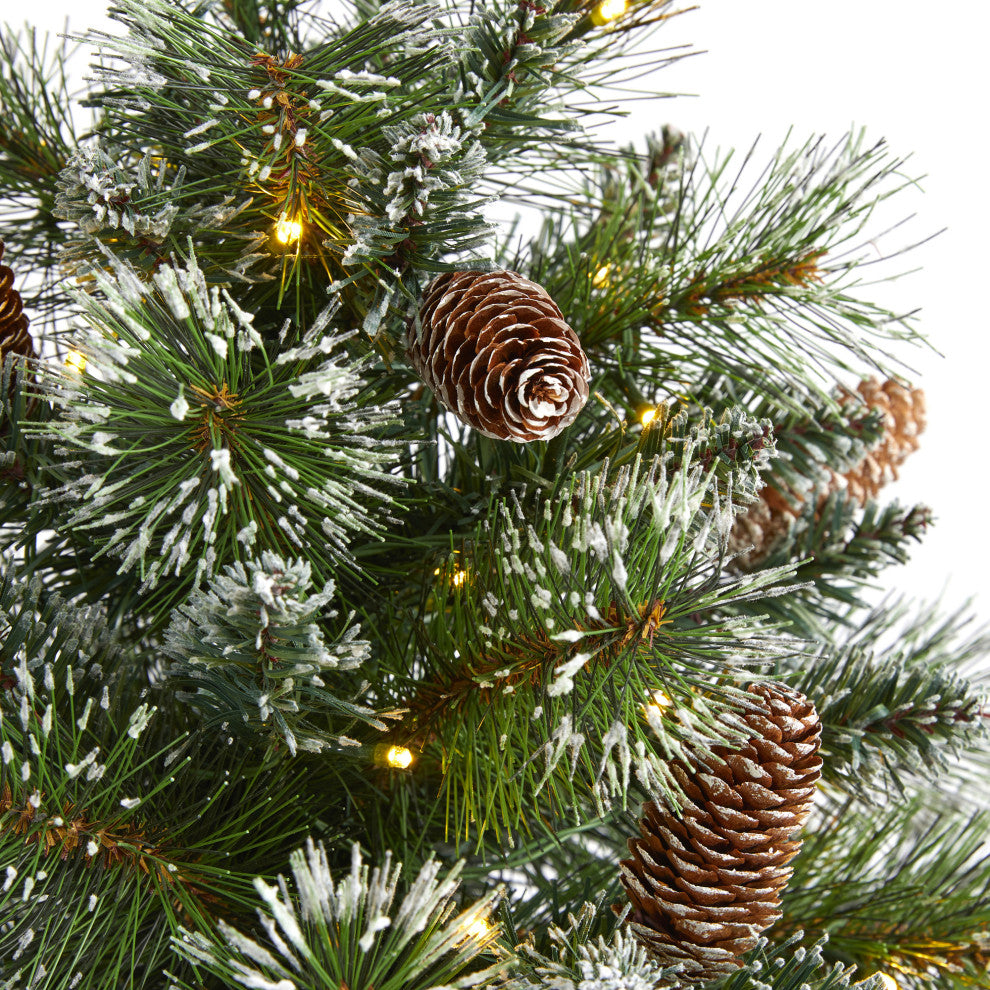 2' Frosted Pine Faux Xmas Tree W/ 35 Clear LED Lights, Pinecones and Burlap Base