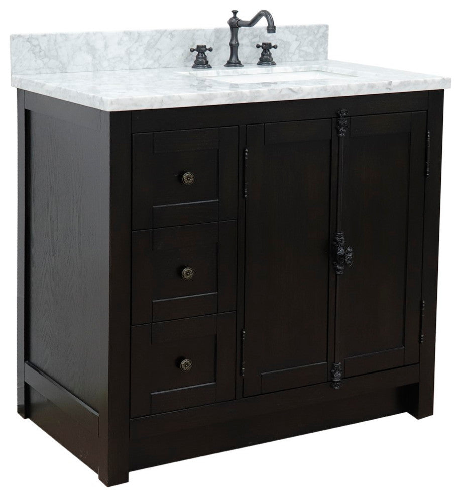 37" Vanity, Brown Ash With White Carrara Top, Right Doors/Right Rectangle Sink