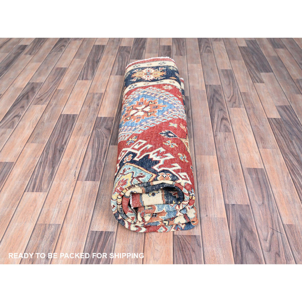 Red, Soft Wool, Special Kazak, Hand Knotted, Round Oriental Rug, 7'10"x7'9"