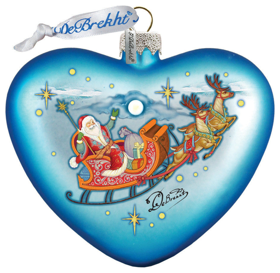 Hand Painted Santa On His Way Heart Glass Scenic Ornament