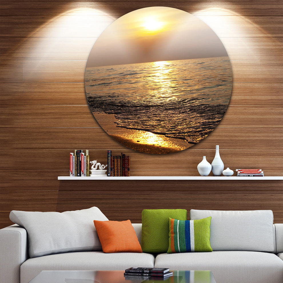 Gloomy Beach And Waters At Sunset, Beach Round Metal Wall Art, 11"