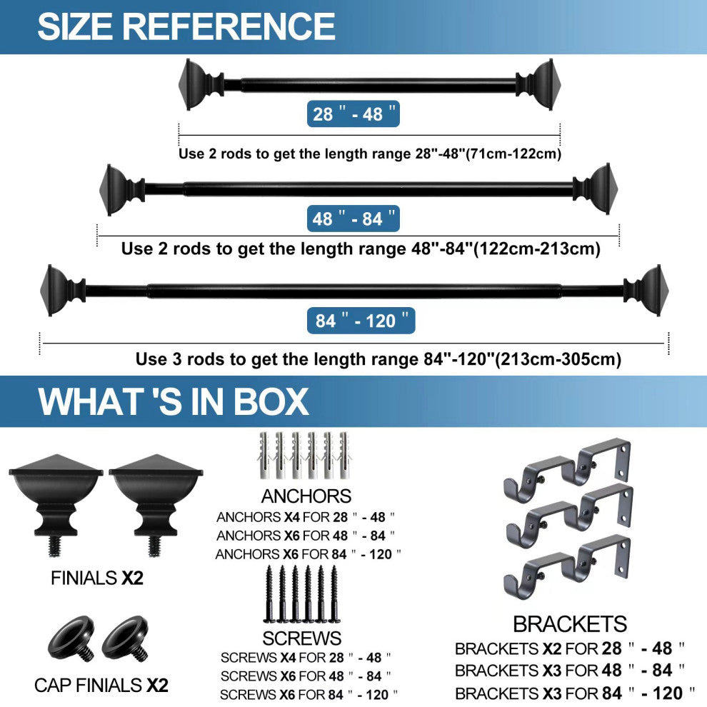 Square Urn Adjustable Double Curtain Rod Set, 5/8", Black, 48"-84"