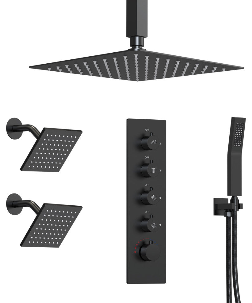 Triple Shower System 16" Rainfall Dual Shower Head with Thermostatic Valve, Matte Black