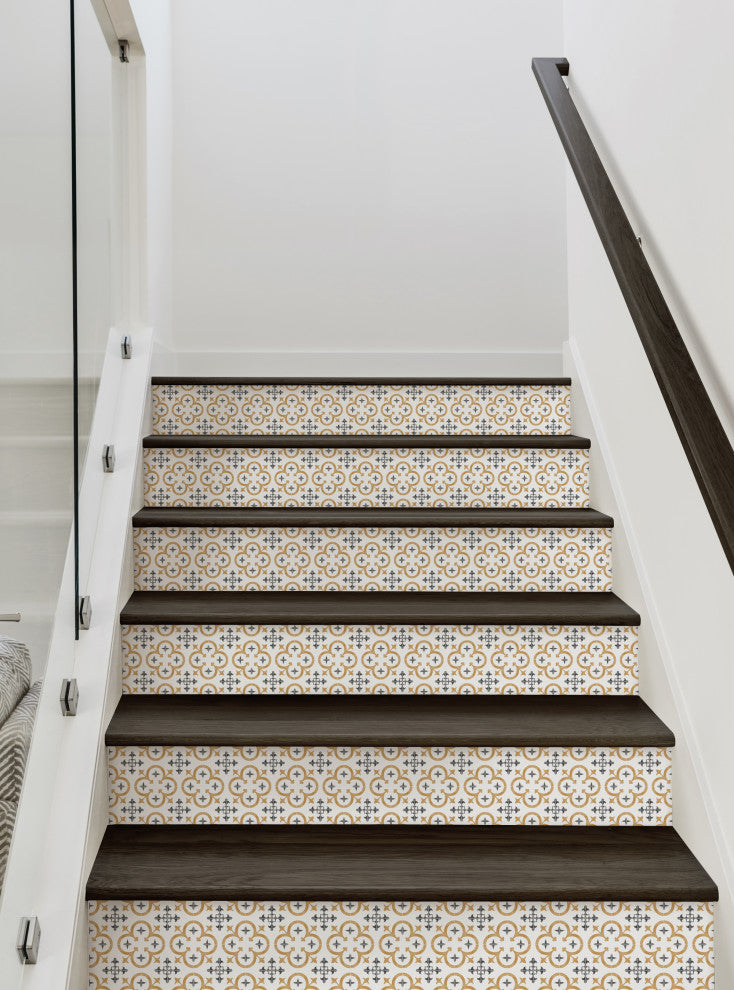 Flower Moroccan Tile Peel and Stick Stair Riser Strips, Mustard, 48"w X 6"h, 6 Pack