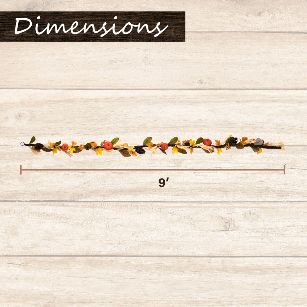 9' Fall Harvest Garland Decor With Corn Husks, Pumpkins and Pine Cones
