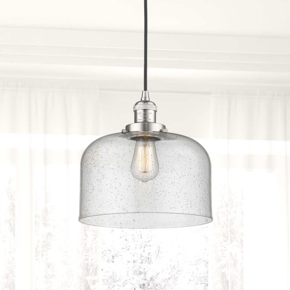 1-Light Large Bell 12" Pendant, Brushed Satin Nickel, Glass: Matte White Cased