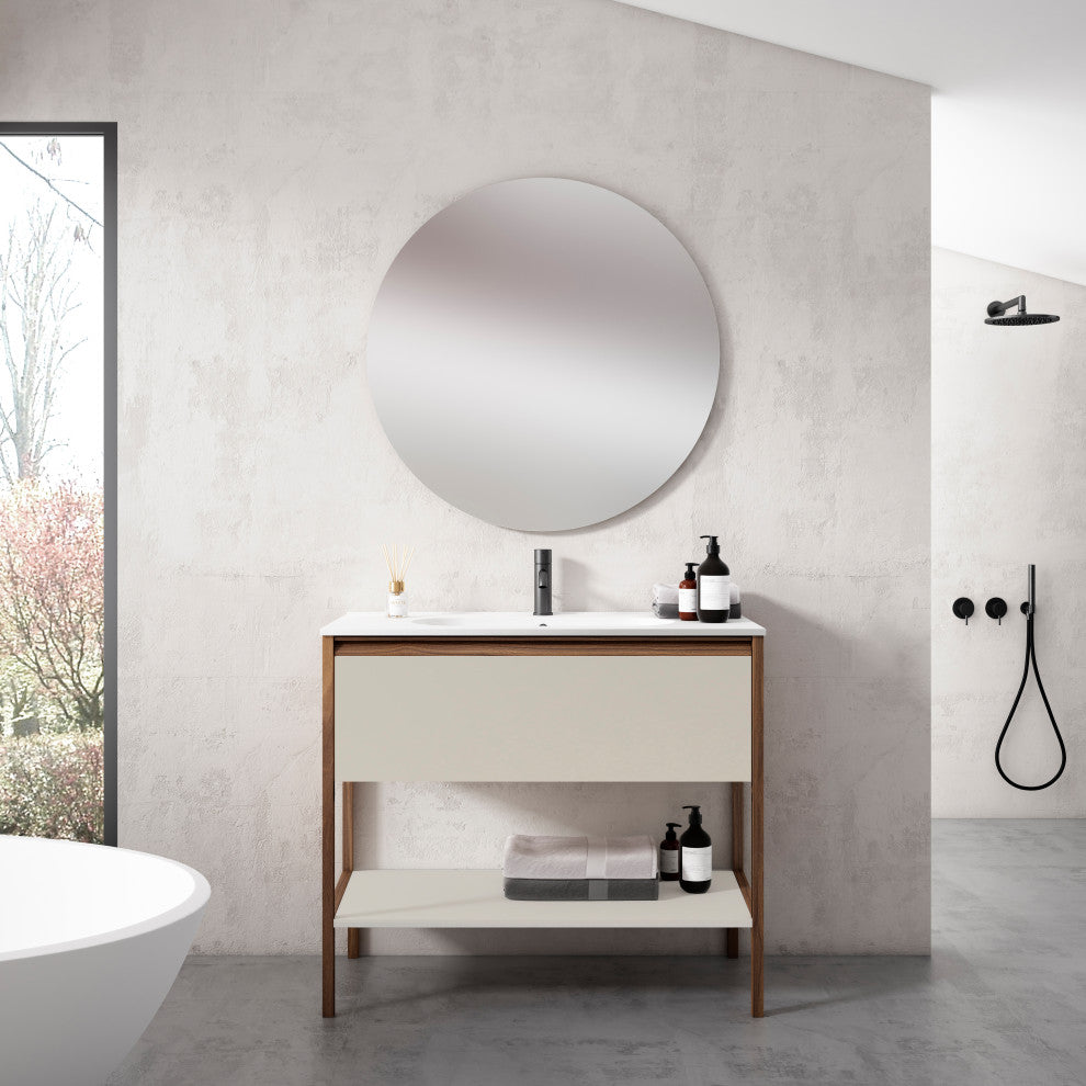 Ikon Modern Standing Bathroom Vanity, Matt Cotton, 32" 1dr+shelf