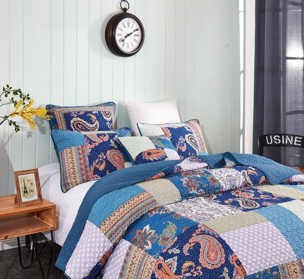 Paisley Night Bohemian Reversible Cotton Patchwork Reversible Quilt, Queen