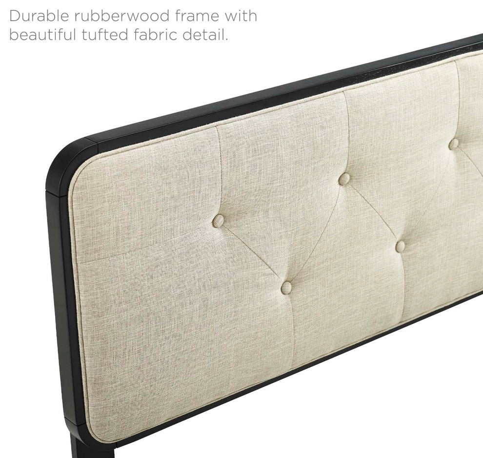 Platform Bed Frame, Queen Size, Fabric, Wood, Black Beige, Modern Mid-Century