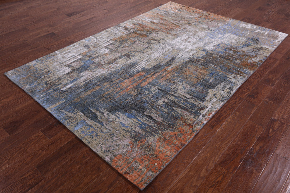 Abstract Wool and Silk Hand Knotted Rug 6' 1" X 9' 1" Q8891