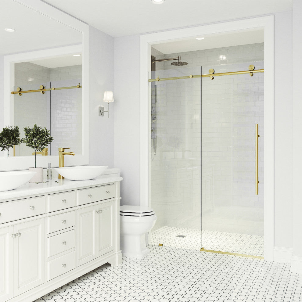 VIGO Elan E-Class 56" to 60" W x 76" H Frameless Sliding Shower Door, Matte Gold, Clear Glass