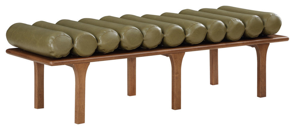 Landon Faux Leather Bench, Green, Walnut Finish