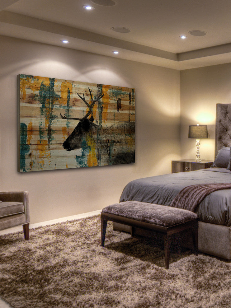 "Teal Yellow Reindeer" Painting Print on Natural Pine Wood, 45"x30"