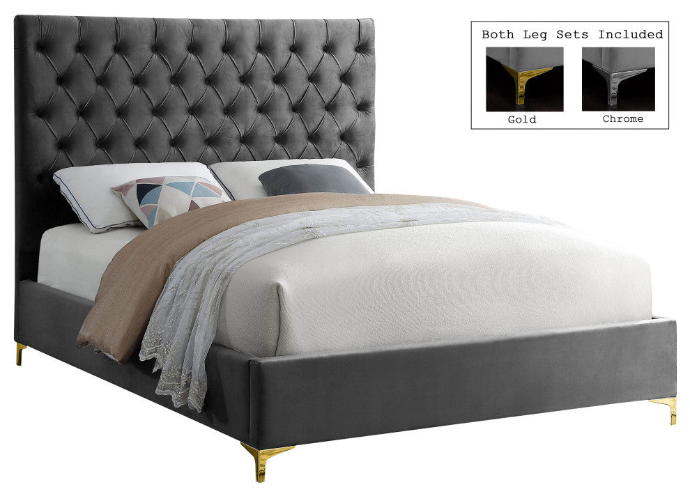 Cruz Velvet Upholstered Bed, Gray, Full