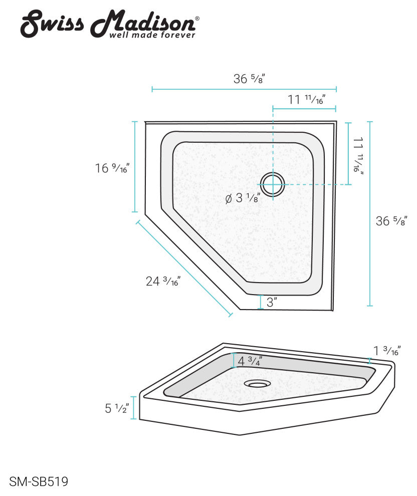 Voltaire 36"x36" White, Single-Threshold, Center Drain, Neo-angle Shower Base