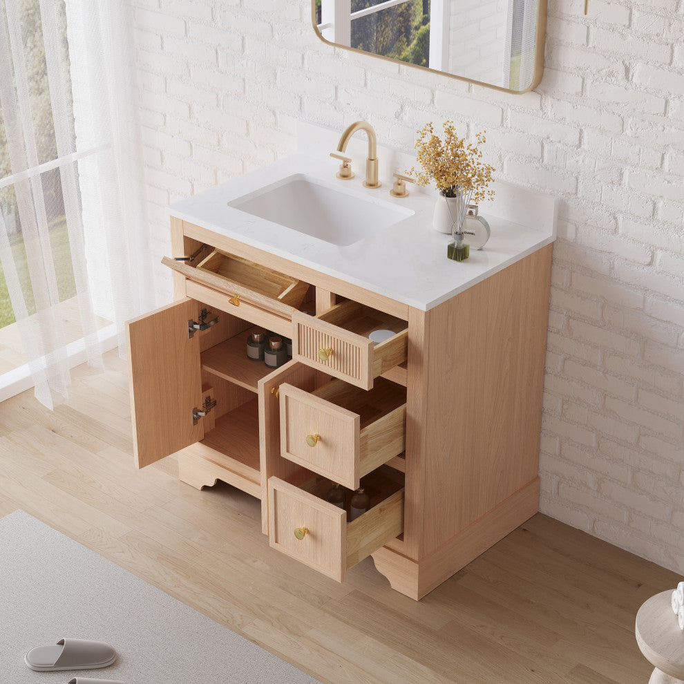Solid Wood Bathroom Vanity with Carrara White Quartz Top, CUPC-certified Sink, 36"