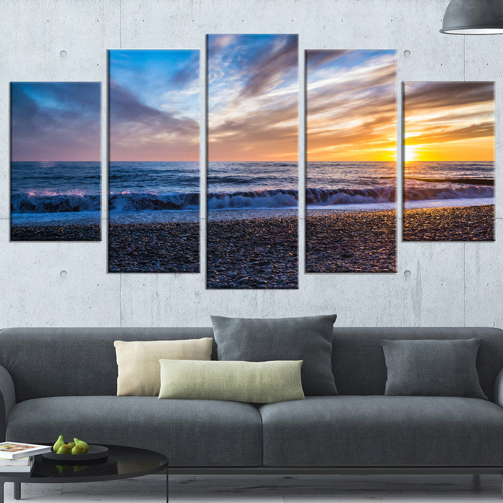 "Cloudy Sky With Bright Full Yellow Sun" Beach Wall Art, 5 Panels, 60"x32"