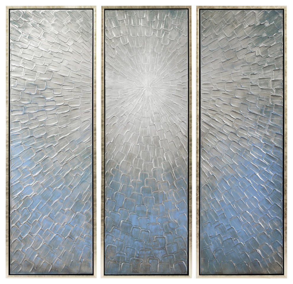 Silver Ice Textured Metallic Hand Painted Abstract Wall Art, 60"x20"