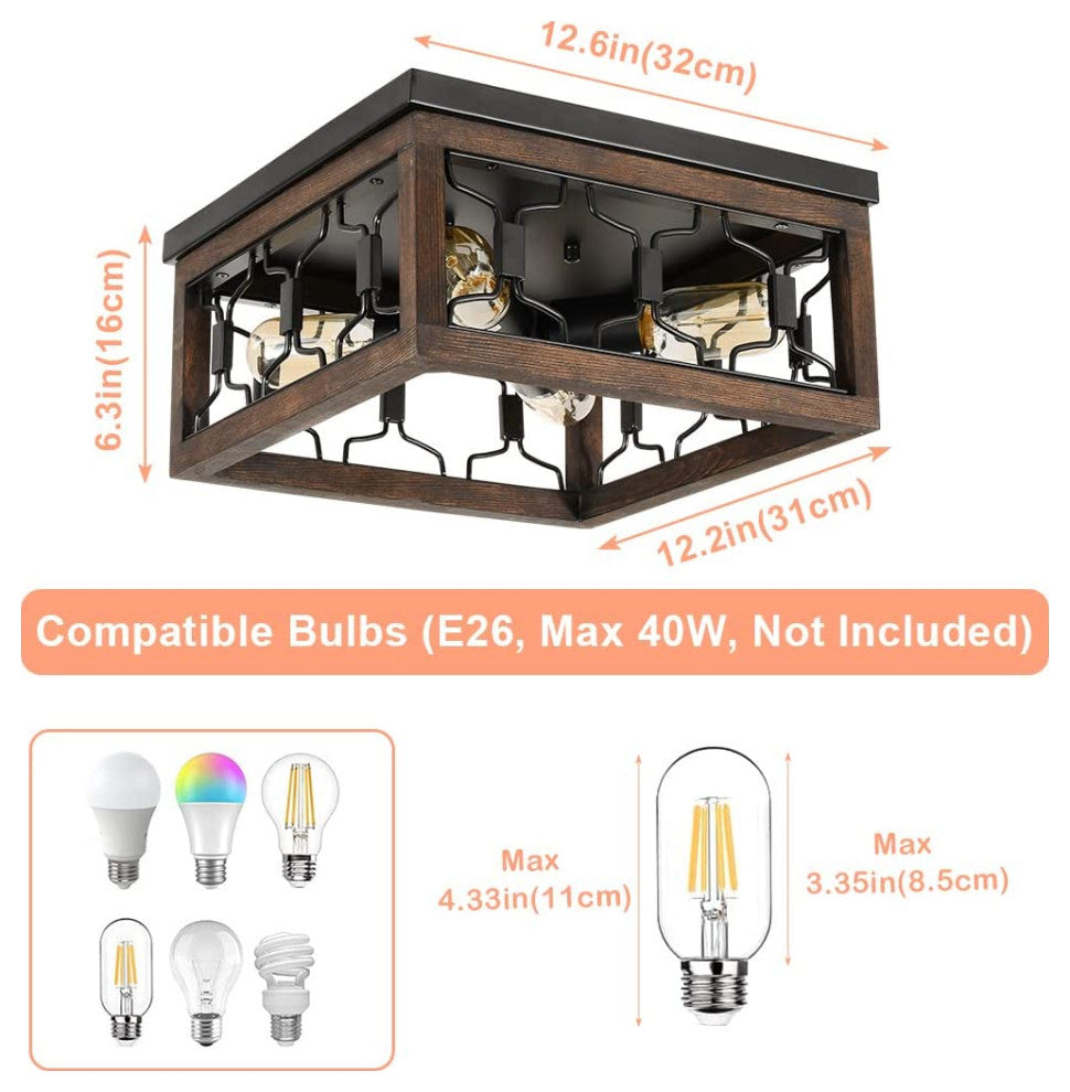 4 Lights square Ceiling Light Fixture farmhouse Vintage Industrial Close