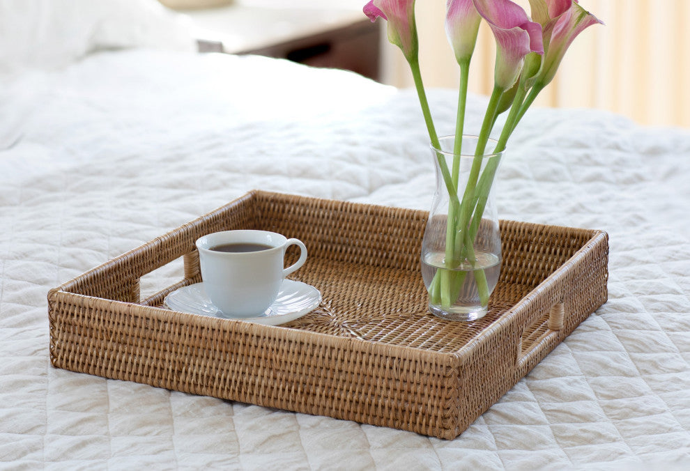 Artifacts Rattan™ Square Ottoman Tray with Cutout Handles, Honey Brown, 18"x18"
