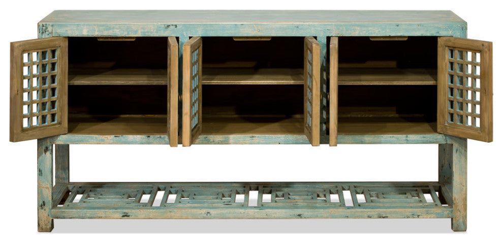 Distressed Light Blue Elmwood Dynasty Asian Sideboard