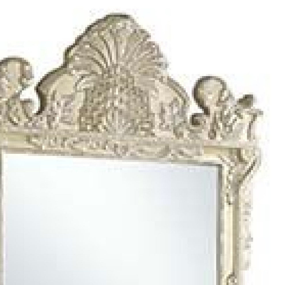 Benzara BM275050 61" Wall Mirror, Oversized Floral Carving, Champagne Silver