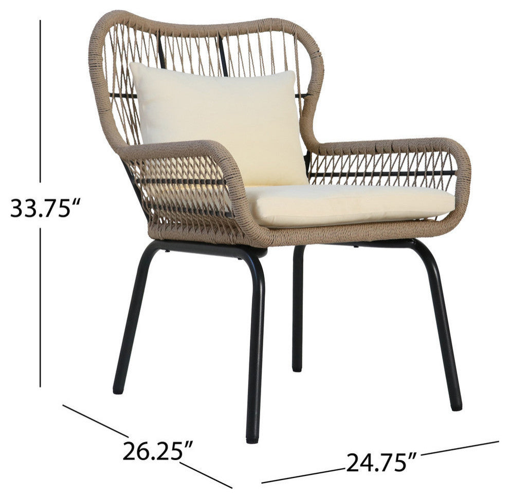 GDF Studio Kimberley Outdoor Steel and Rope Club Chairs with Cushioned, Set of 2, Brown/Beige