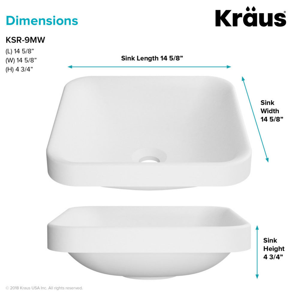 Natura Square Semi-Recessed Bathroom Sink, Stone Resin Solid Surface