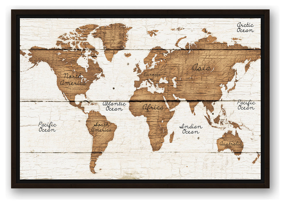 Distressed Wood World Map Walnut Floating Framed Canvas, 16"x24"
