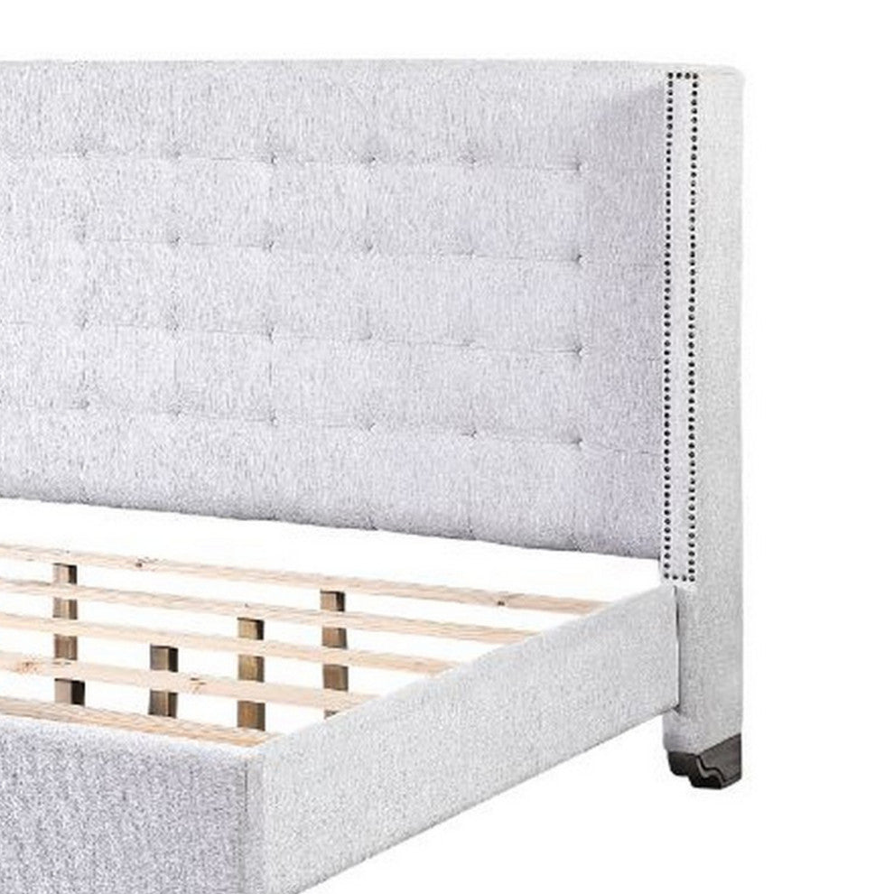 Benzara BM252725 Queen Bed With Full Fabric Upholstery and Tufting, Light Gray