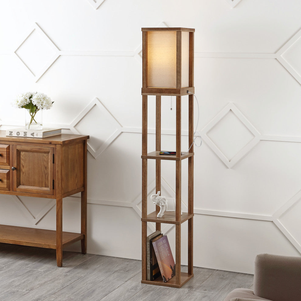 Etagere Wooden Led 3-shelf Floor Lamp With Usb Port Smart Bulb