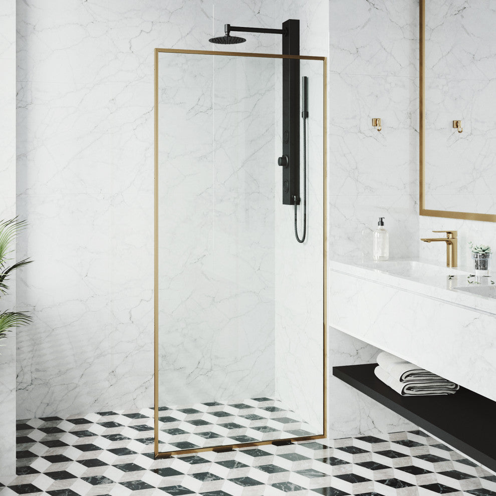 VIGO Meridian Framed Fixed, Matte Brushed Gold, Shower Screen, 34" W X 74" H, Clear Glass