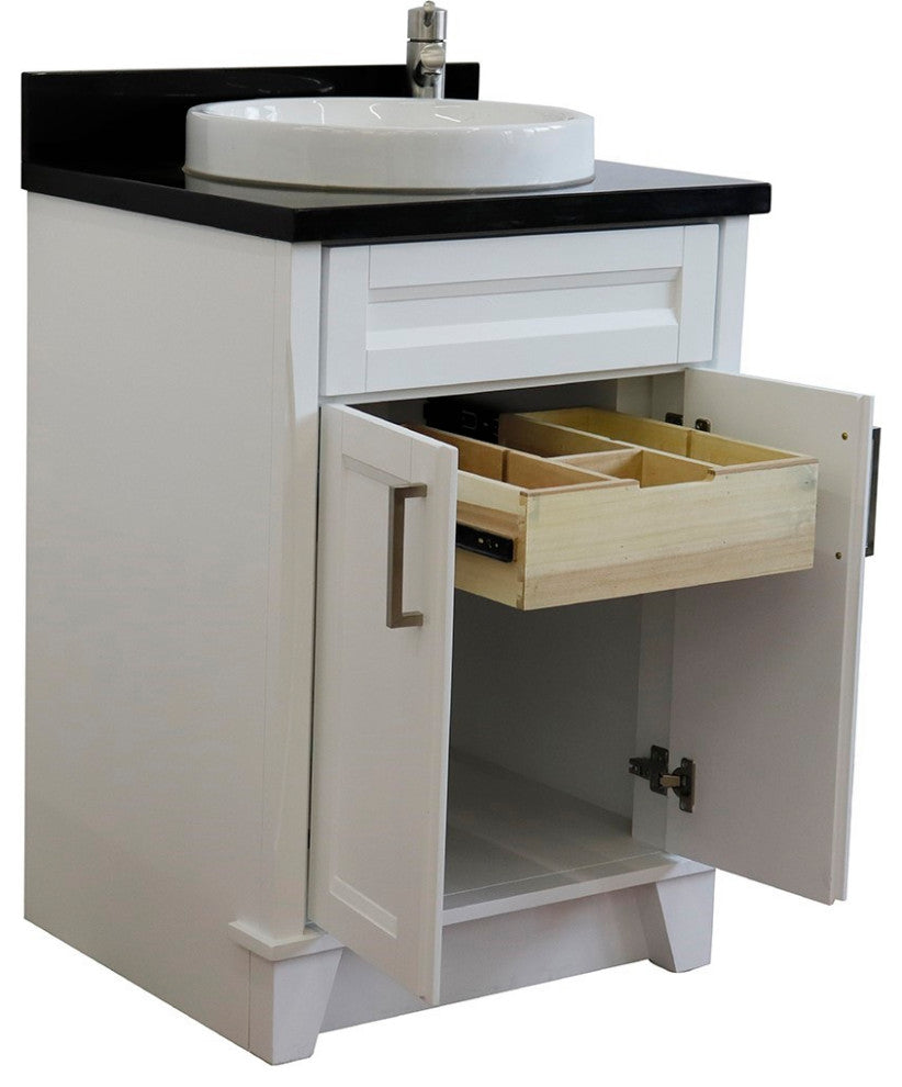 25" Single Sink Vanity, White Finish With Black Galaxy Granite And Round Sink