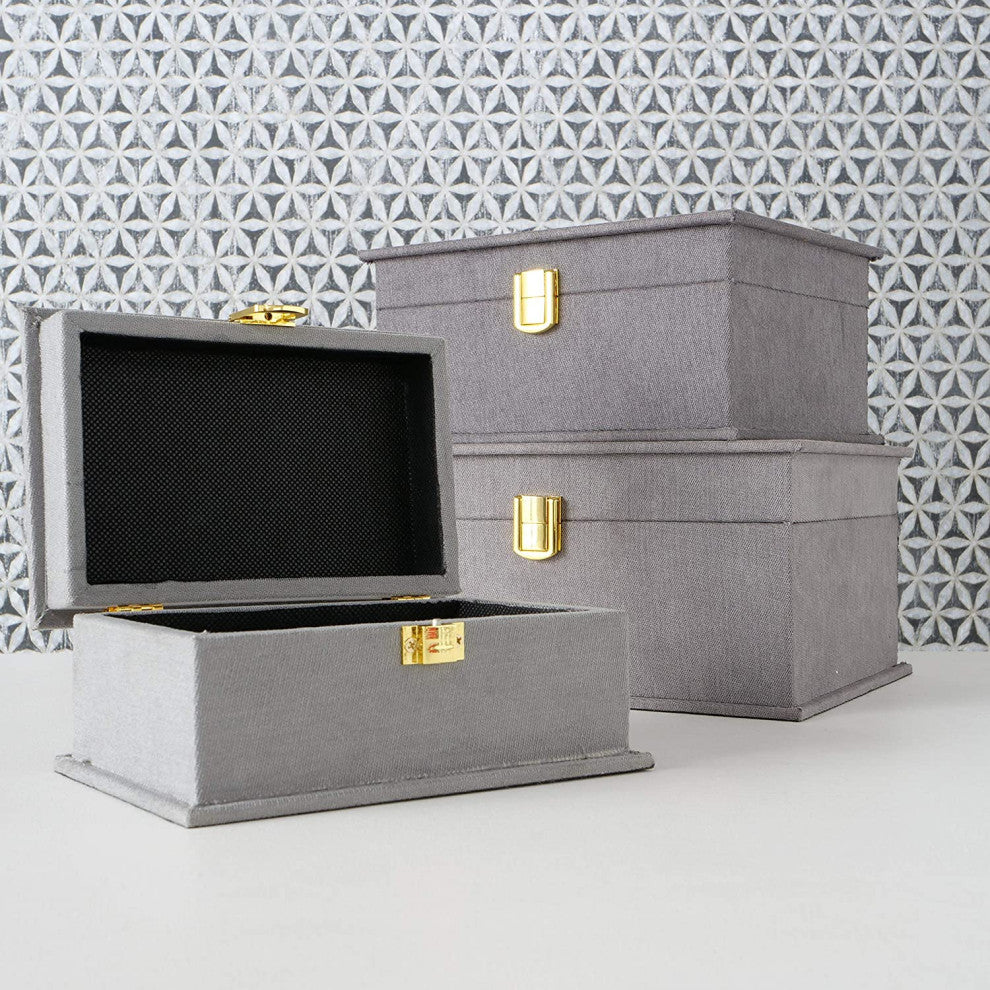 Grey Flannel Boxes With Gold Flip Latch Locks, Set of 3