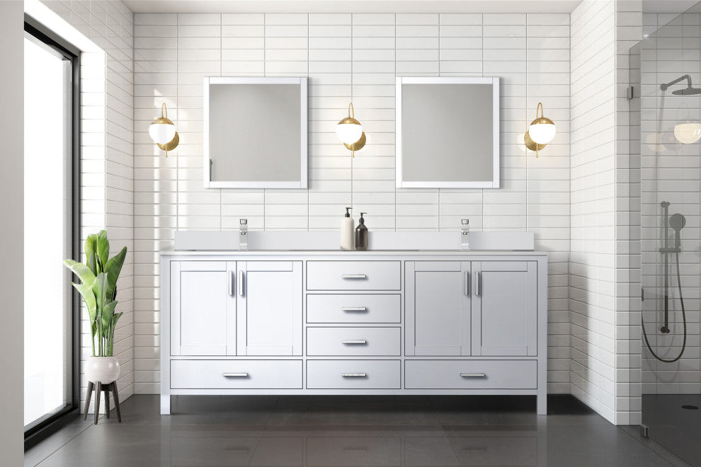 Jacques 80" White Double Sink Vanity with Quartz Top, With Faucet and Mirror