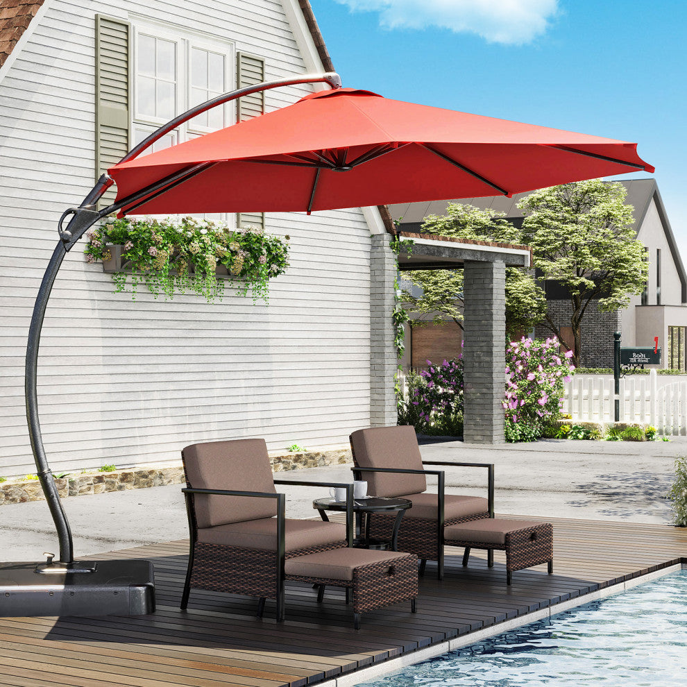 11' Outdoor Patio Hanging Cantilever Curvy Umbrella With 360 Rotation, Red